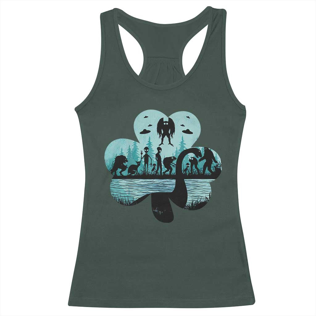Funny Cryptid St Patrick's Day Racerback Tank Top Bigfoot Mothman Aliens Shamrock