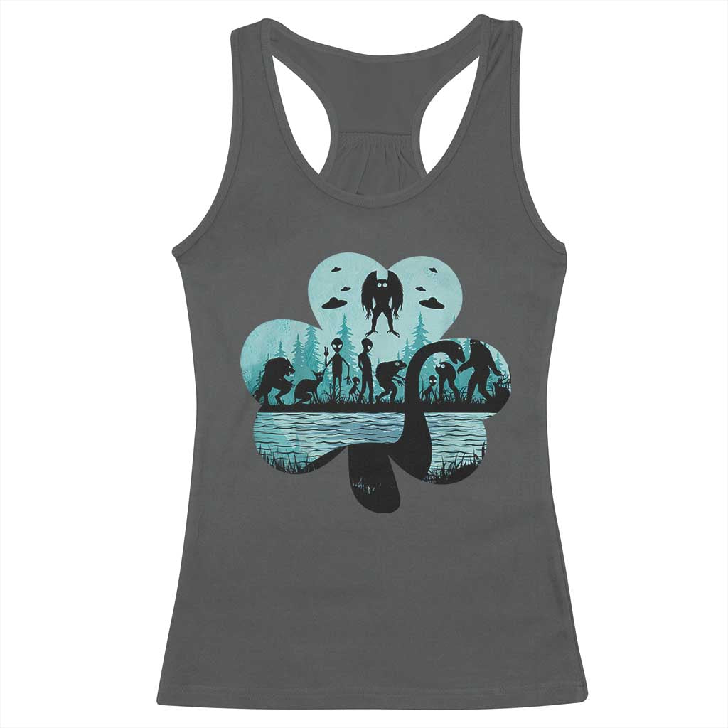 Funny Cryptid St Patrick's Day Racerback Tank Top Bigfoot Mothman Aliens Shamrock