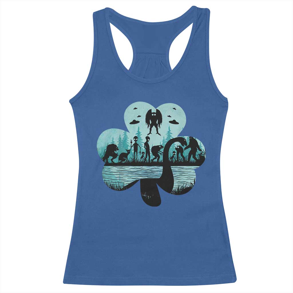 Funny Cryptid St Patrick's Day Racerback Tank Top Bigfoot Mothman Aliens Shamrock