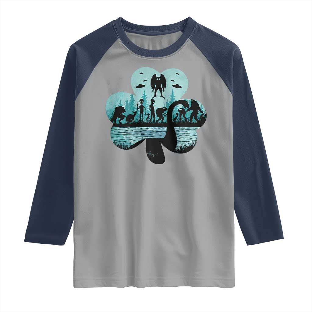 Funny Cryptid St Patrick's Day Raglan Shirt Bigfoot Mothman Aliens Shamrock