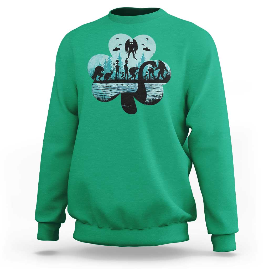 Funny Cryptid St Patrick's Day Sweatshirt Bigfoot Mothman Aliens Shamrock