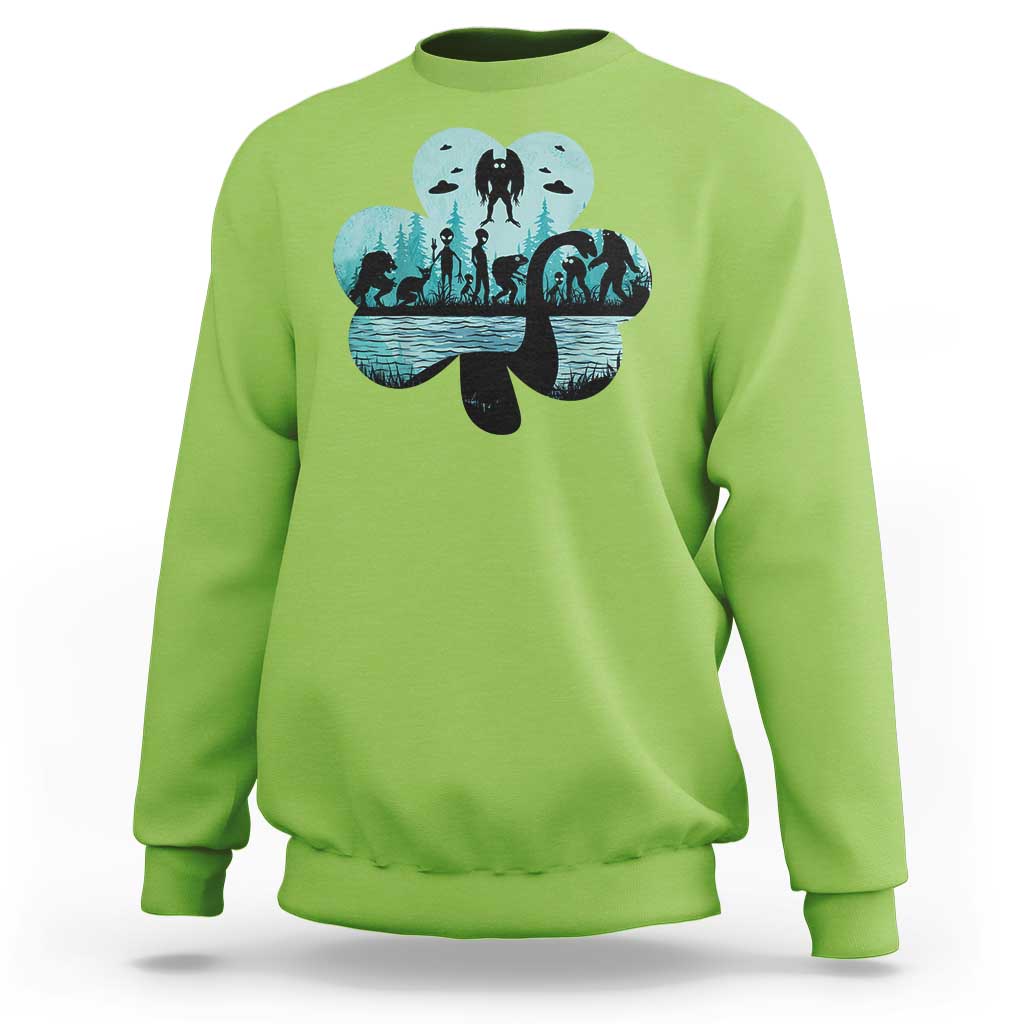 Funny Cryptid St Patrick's Day Sweatshirt Bigfoot Mothman Aliens Shamrock