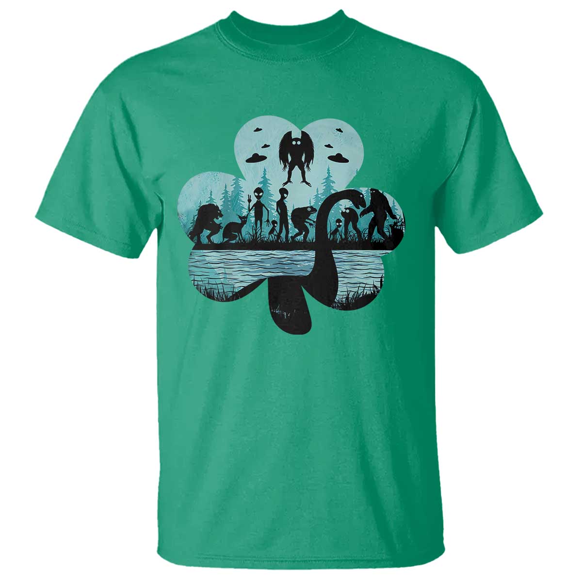 Funny Cryptid St Patrick's Day T Shirt Bigfoot Mothman Aliens Shamrock