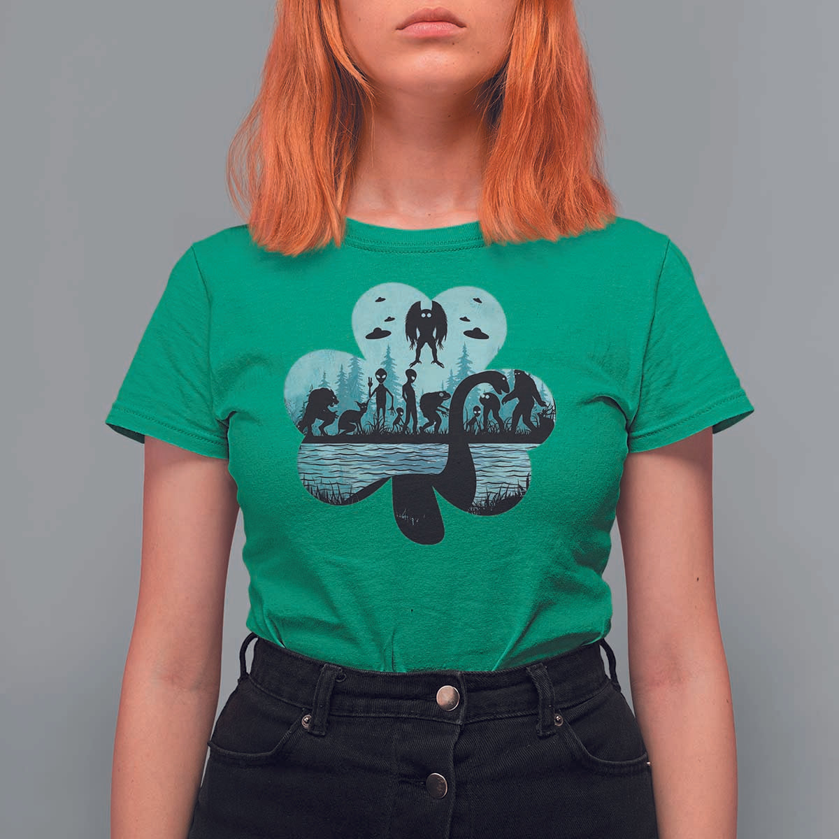 Funny Cryptid St Patrick's Day T Shirt For Women Bigfoot Mothman Aliens Shamrock