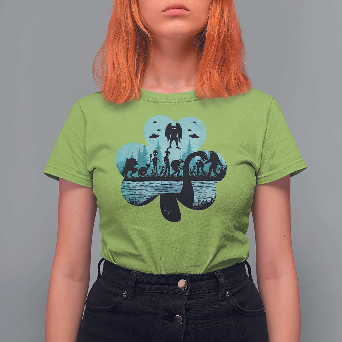 Funny Cryptid St Patrick's Day T Shirt For Women Bigfoot Mothman Aliens Shamrock