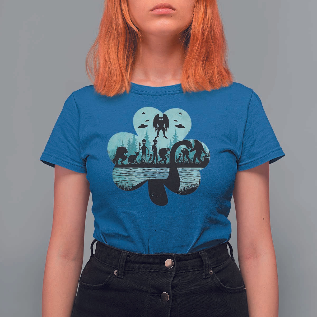 Funny Cryptid St Patrick's Day T Shirt For Women Bigfoot Mothman Aliens Shamrock