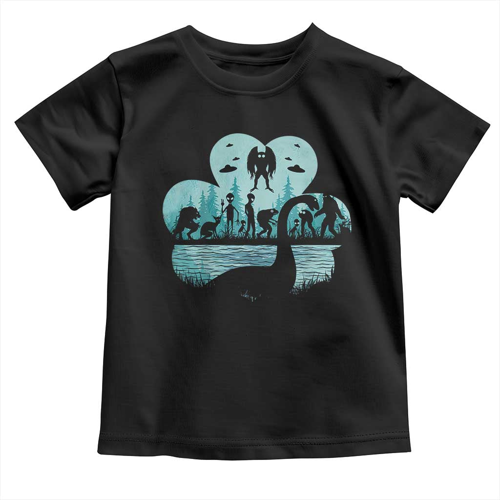 Funny Cryptid St Patrick's Day Toddler T Shirt Bigfoot Mothman Aliens Shamrock