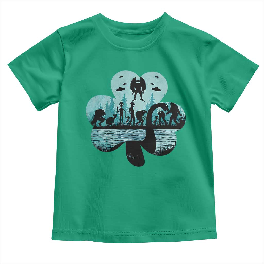 Funny Cryptid St Patrick's Day Toddler T Shirt Bigfoot Mothman Aliens Shamrock