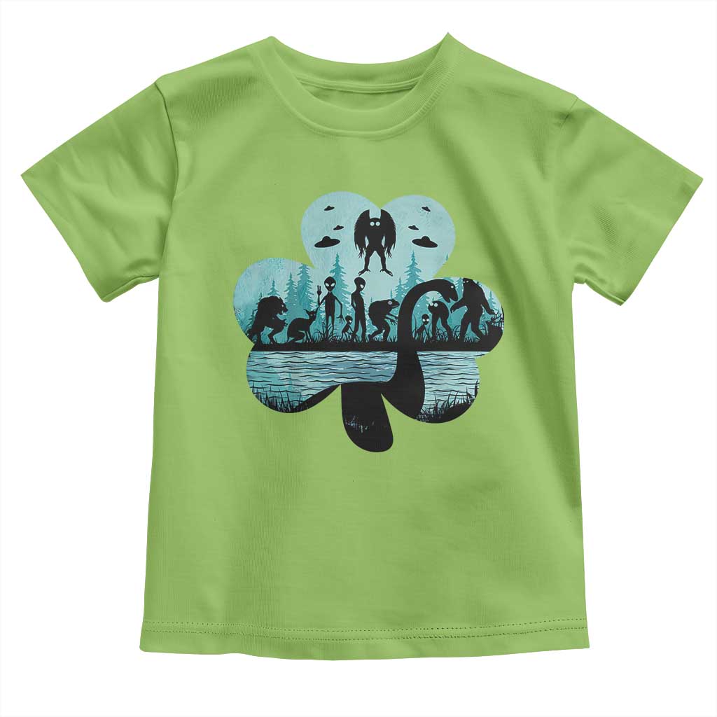 Funny Cryptid St Patrick's Day Toddler T Shirt Bigfoot Mothman Aliens Shamrock