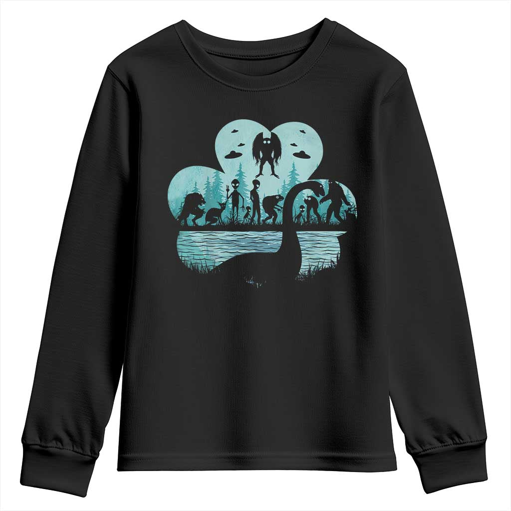 Funny Cryptid St Patrick's Day Youth Sweatshirt Bigfoot Mothman Aliens Shamrock
