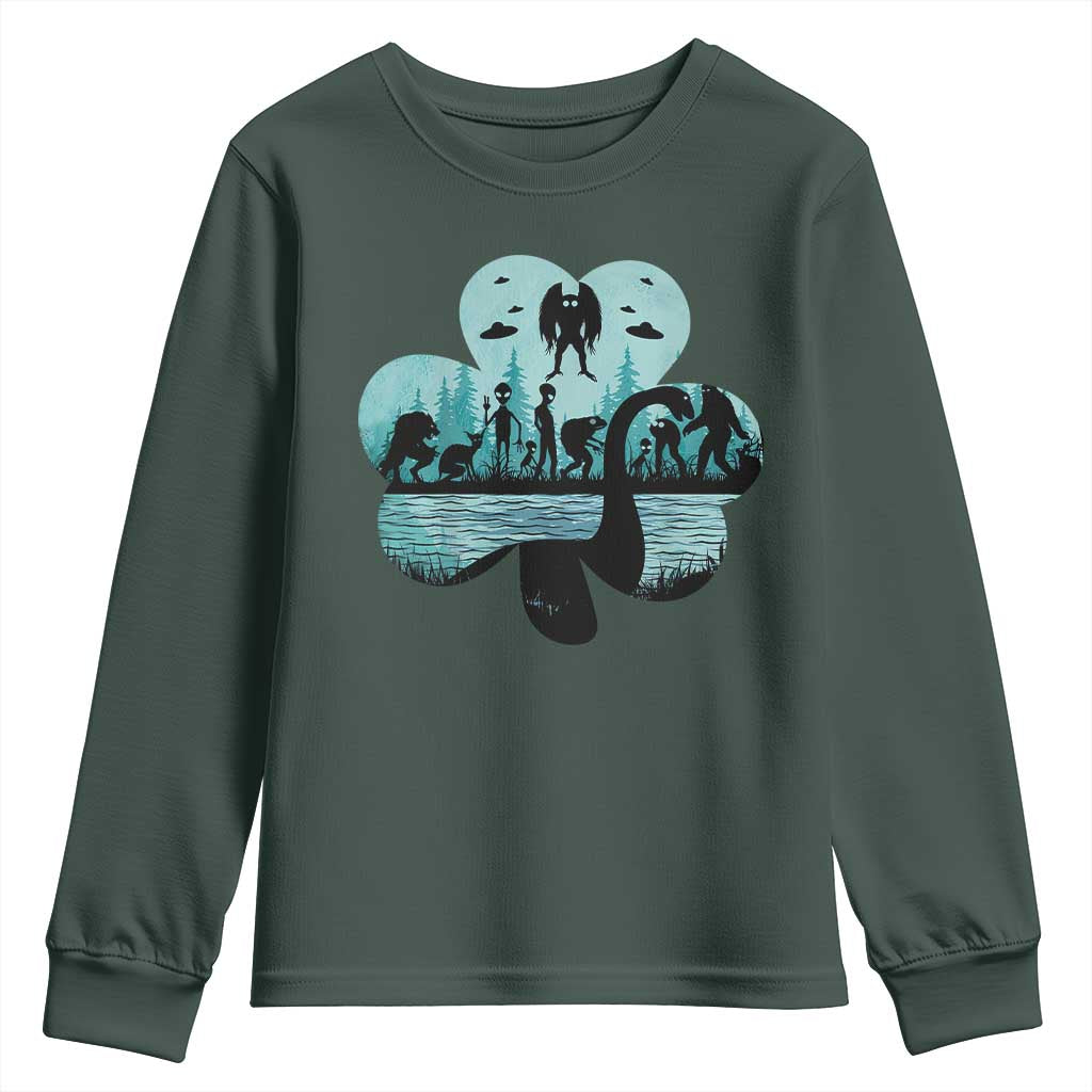 Funny Cryptid St Patrick's Day Youth Sweatshirt Bigfoot Mothman Aliens Shamrock