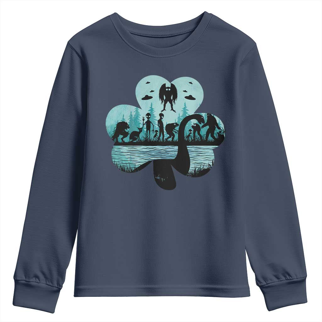 Funny Cryptid St Patrick's Day Youth Sweatshirt Bigfoot Mothman Aliens Shamrock