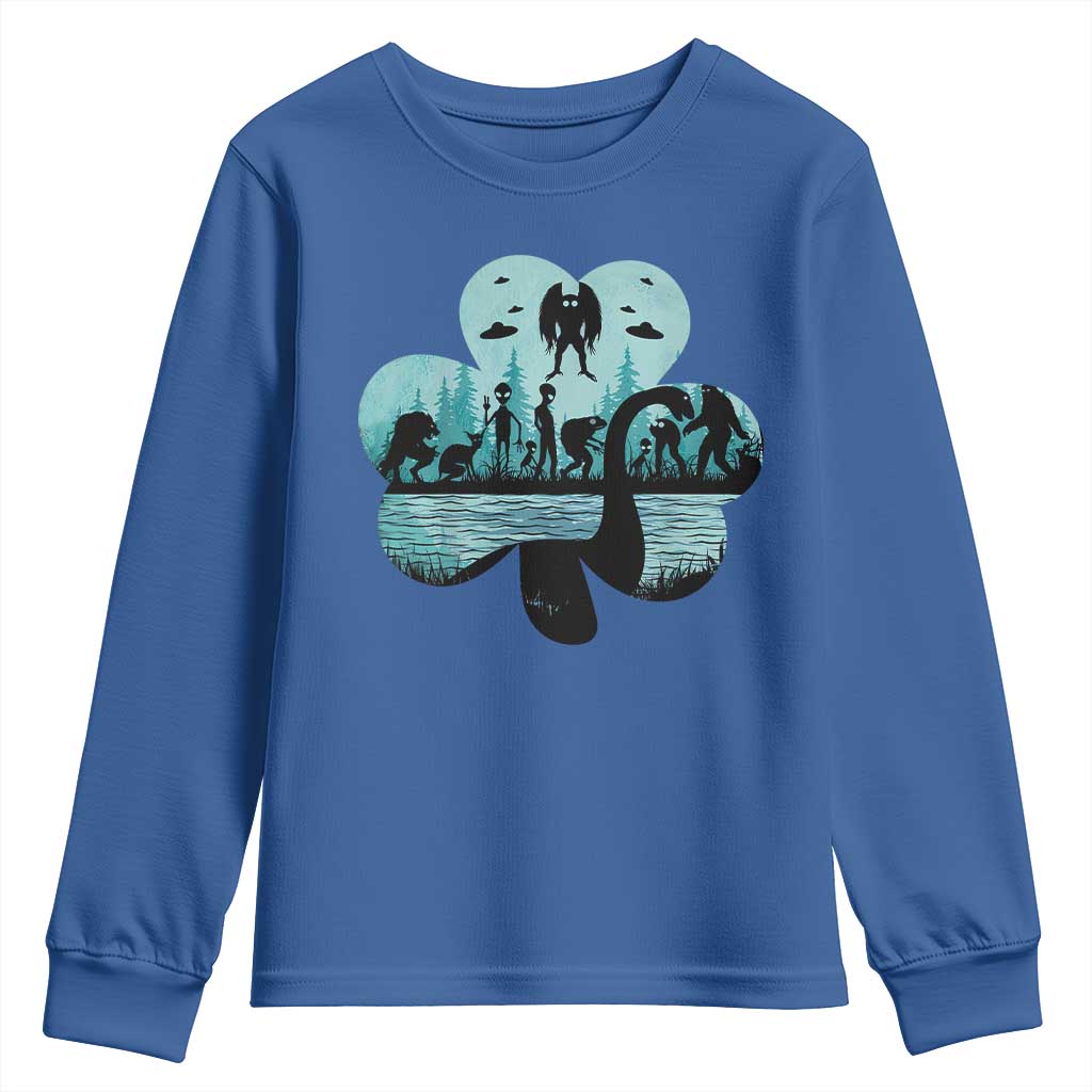 Funny Cryptid St Patrick's Day Youth Sweatshirt Bigfoot Mothman Aliens Shamrock
