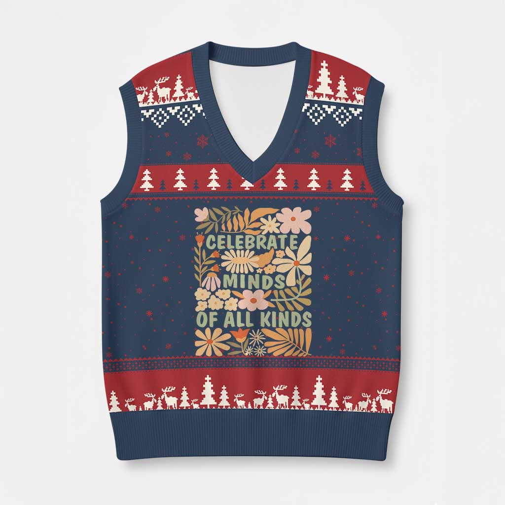 Celebrate Minds Of All Kinds V-Neck Knit Sweater Vest Autism Awareness Inspirational Quote Flowers
