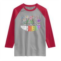 Celebrate The Spectrum Neurodiversity Raglan Shirt Flower Autism Awareness ASD ADHD
