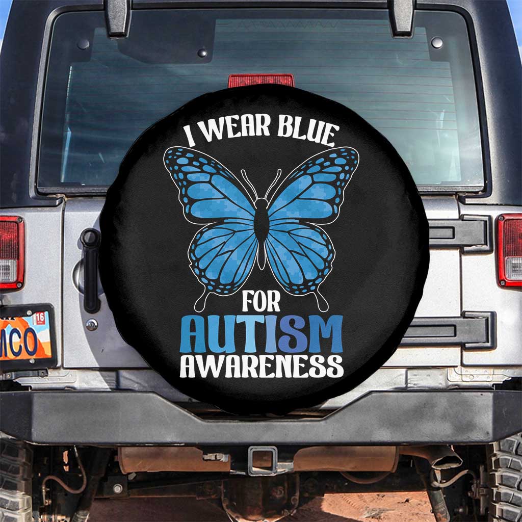 I Wear Blue For Autism Awareness Spare Tire Cover Blue Butterfly Puzzle Pieces