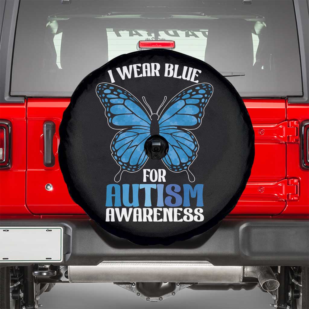 I Wear Blue For Autism Awareness Spare Tire Cover Blue Butterfly Puzzle Pieces