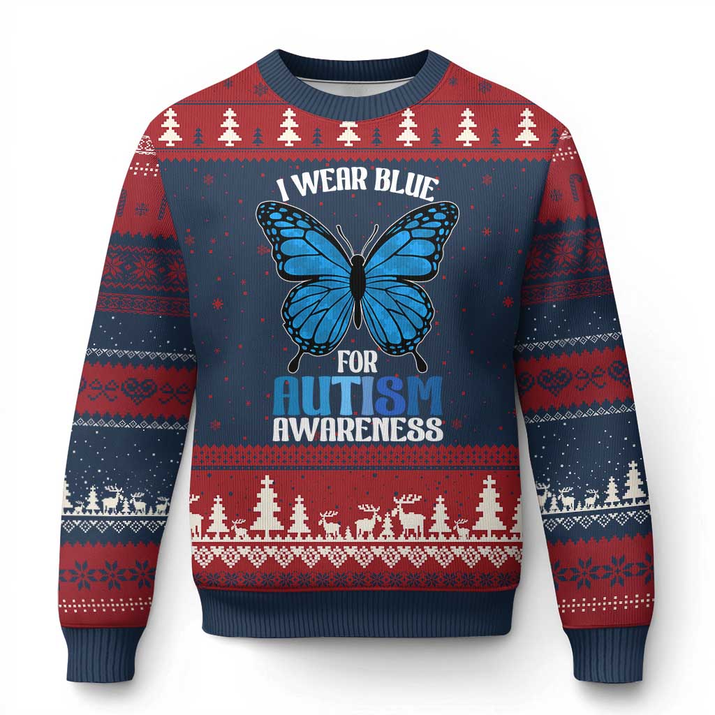 I Wear Blue For Autism Awareness Ugly Christmas Sweater Blue Butterfly Puzzle Pieces