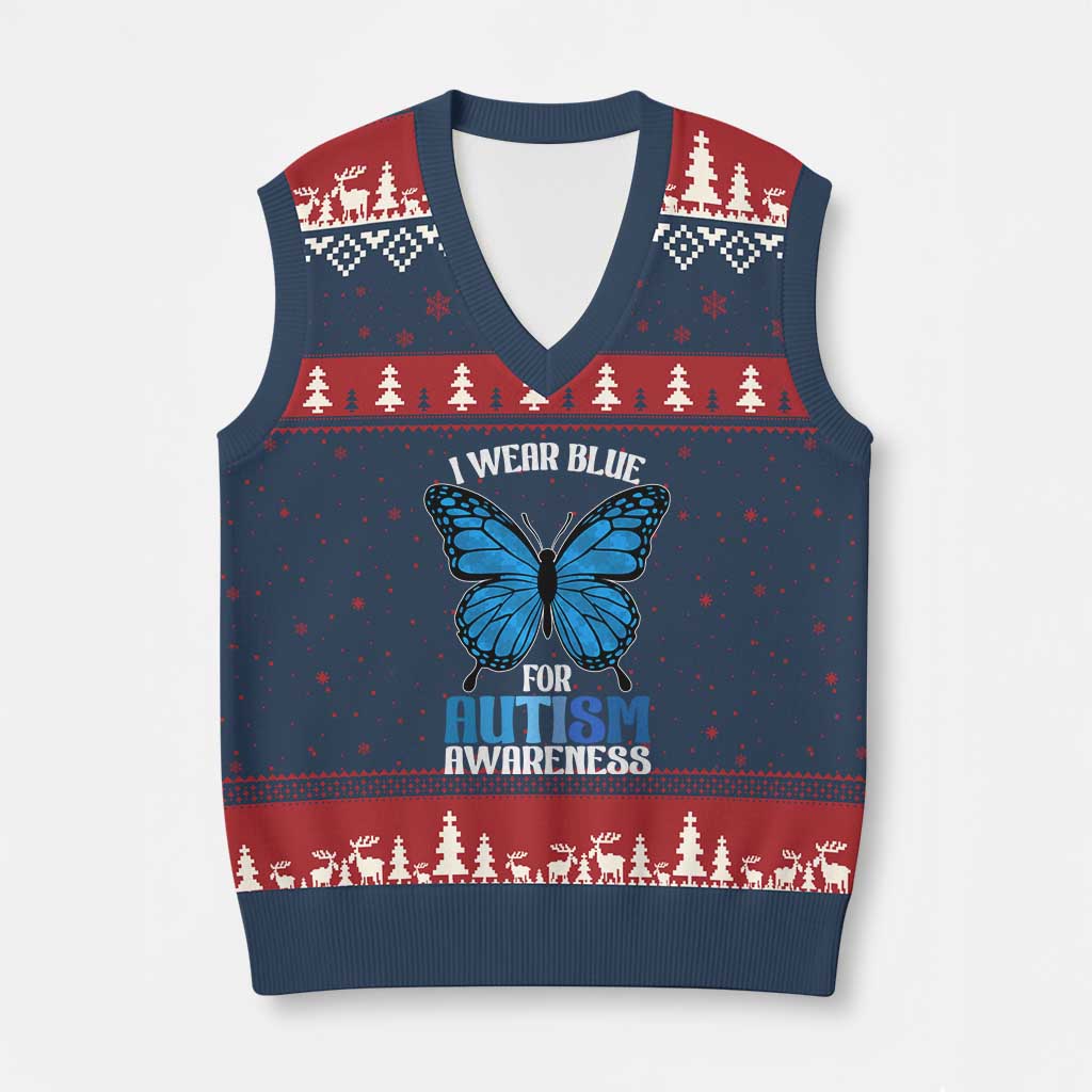 I Wear Blue For Autism Awareness V-Neck Knit Sweater Vest Blue Butterfly Puzzle Pieces
