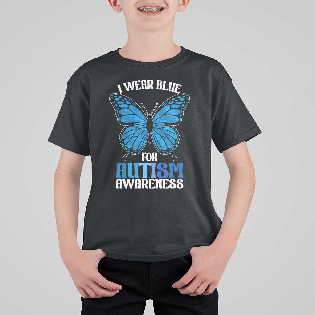 I Wear Blue For Autism Awareness T Shirt For Kid Blue Butterfly Puzzle Pieces