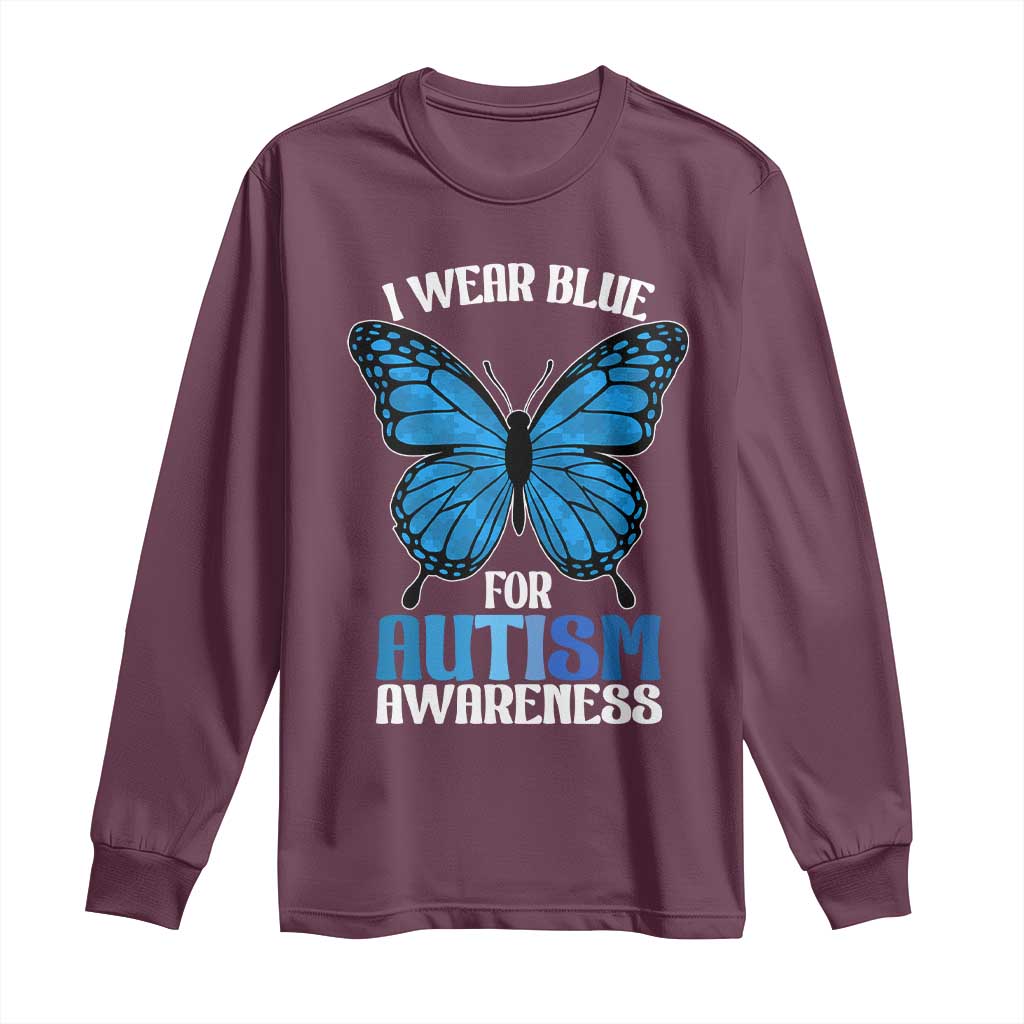 I Wear Blue For Autism Awareness Long Sleeve Shirt Blue Butterfly Puzzle Pieces