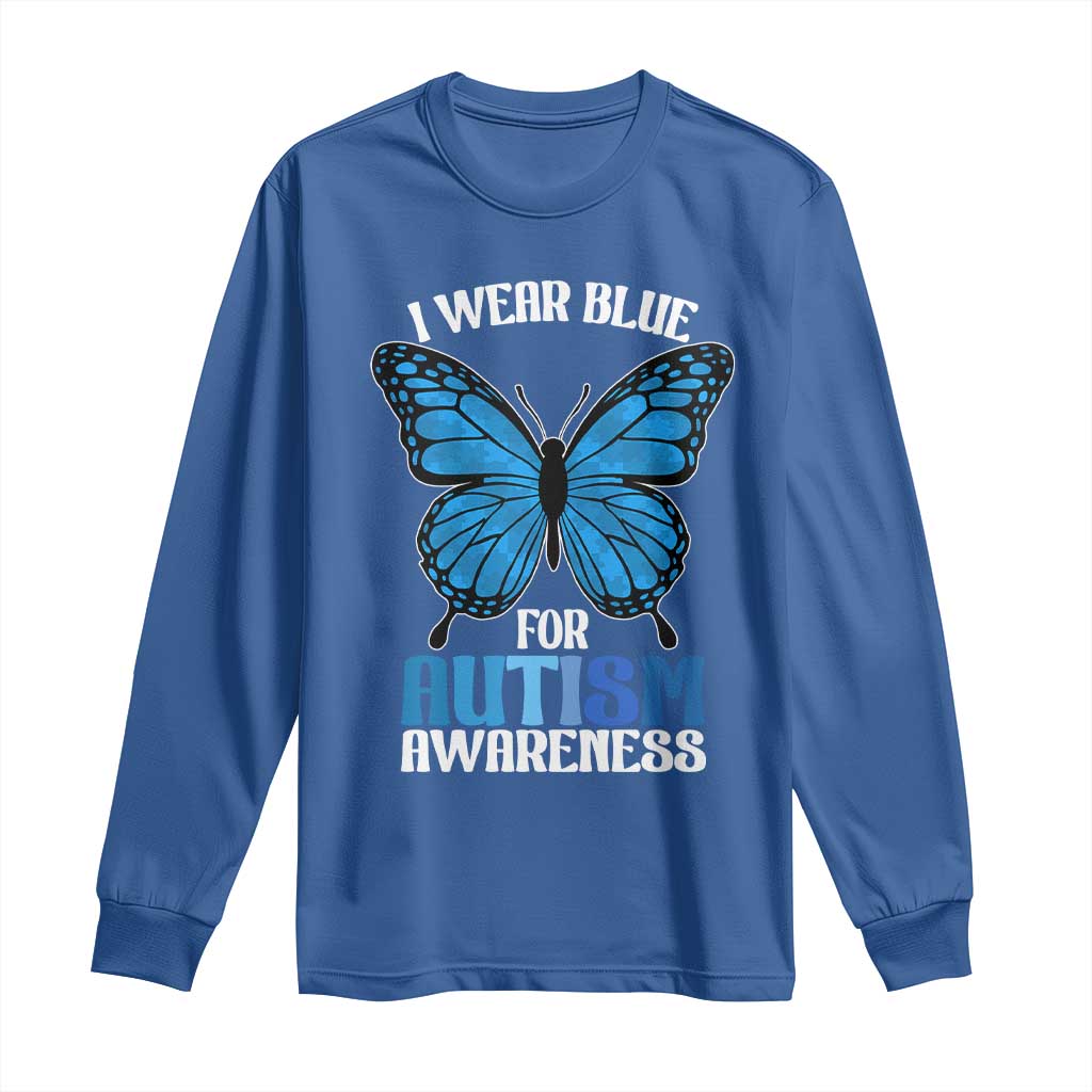 I Wear Blue For Autism Awareness Long Sleeve Shirt Blue Butterfly Puzzle Pieces