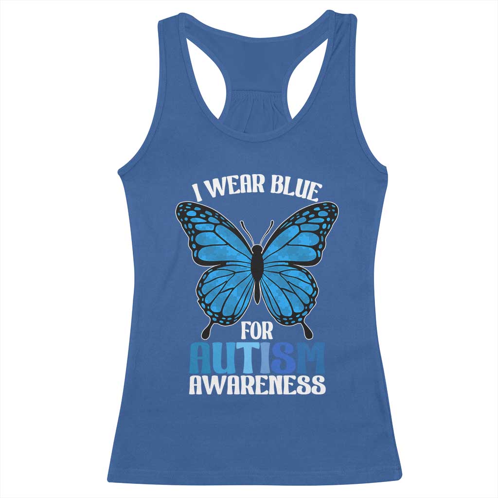 I Wear Blue For Autism Awareness Racerback Tank Top Blue Butterfly Puzzle Pieces