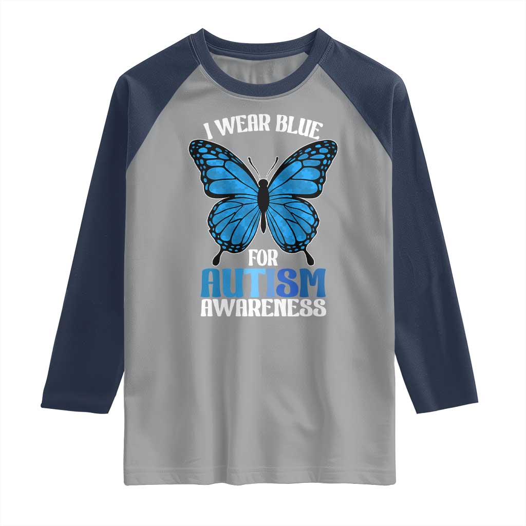 I Wear Blue For Autism Awareness Raglan Shirt Blue Butterfly Puzzle Pieces