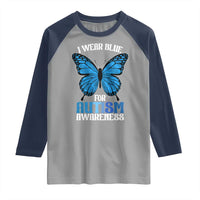I Wear Blue For Autism Awareness Raglan Shirt Blue Butterfly Puzzle Pieces