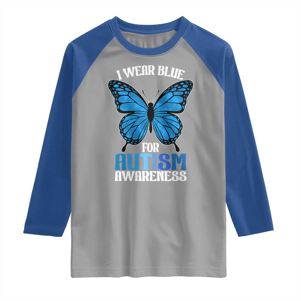 I Wear Blue For Autism Awareness Raglan Shirt Blue Butterfly Puzzle Pieces