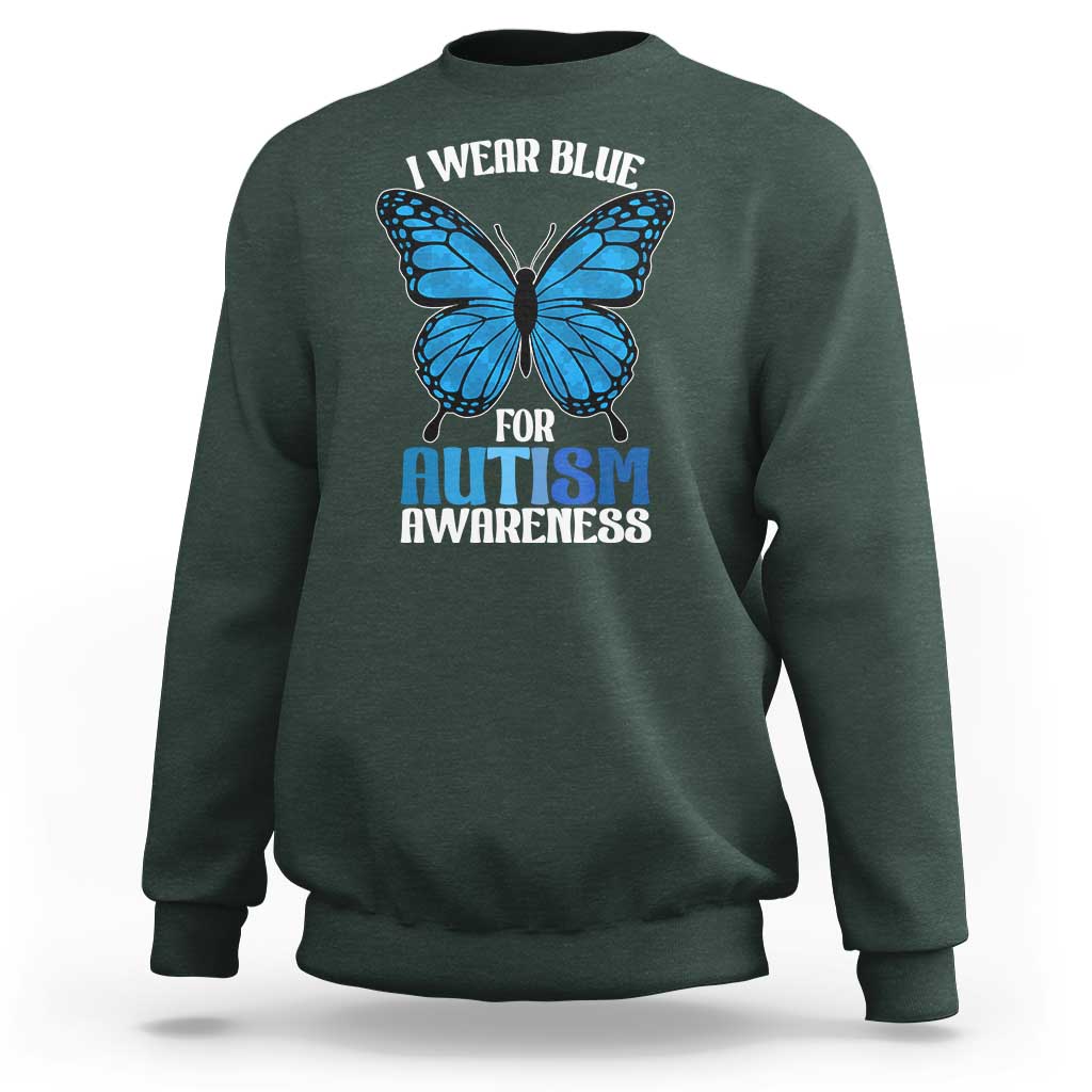 I Wear Blue For Autism Awareness Sweatshirt Blue Butterfly Puzzle Pieces