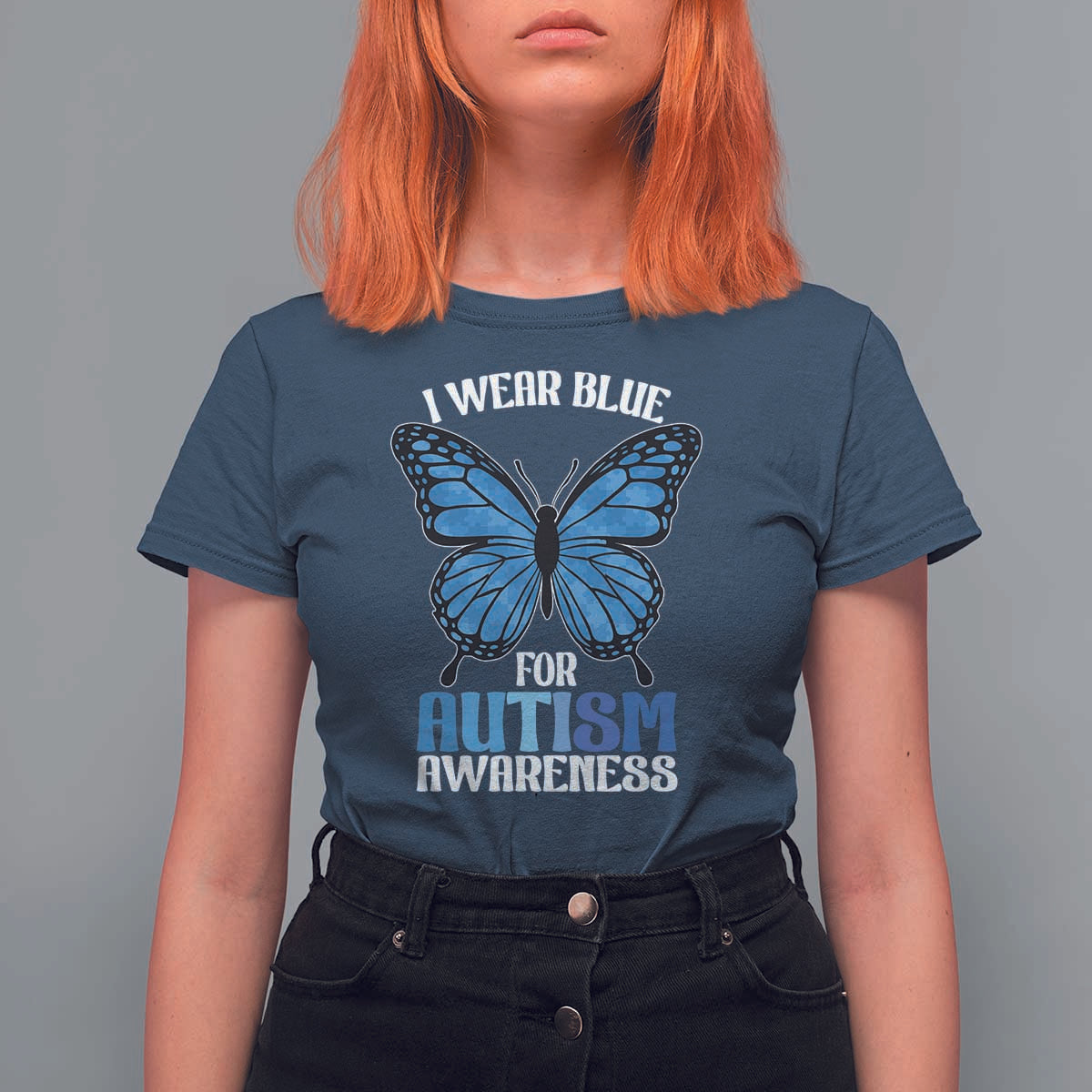 I Wear Blue For Autism Awareness T Shirt For Women Blue Butterfly Puzzle Pieces
