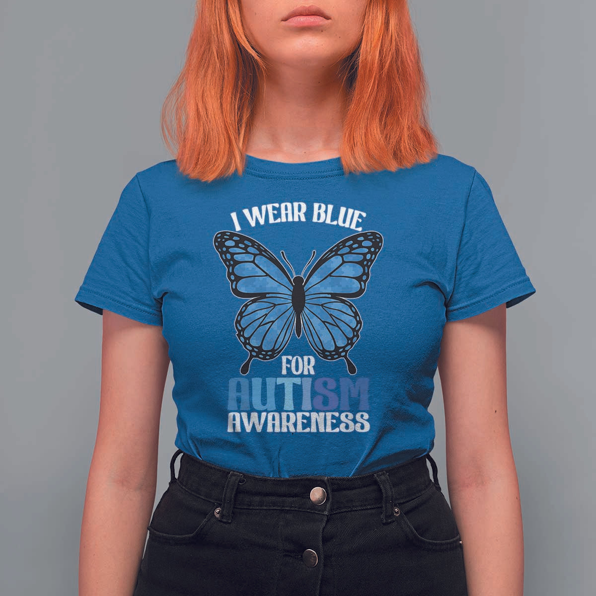 I Wear Blue For Autism Awareness T Shirt For Women Blue Butterfly Puzzle Pieces