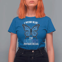 I Wear Blue For Autism Awareness T Shirt For Women Blue Butterfly Puzzle Pieces