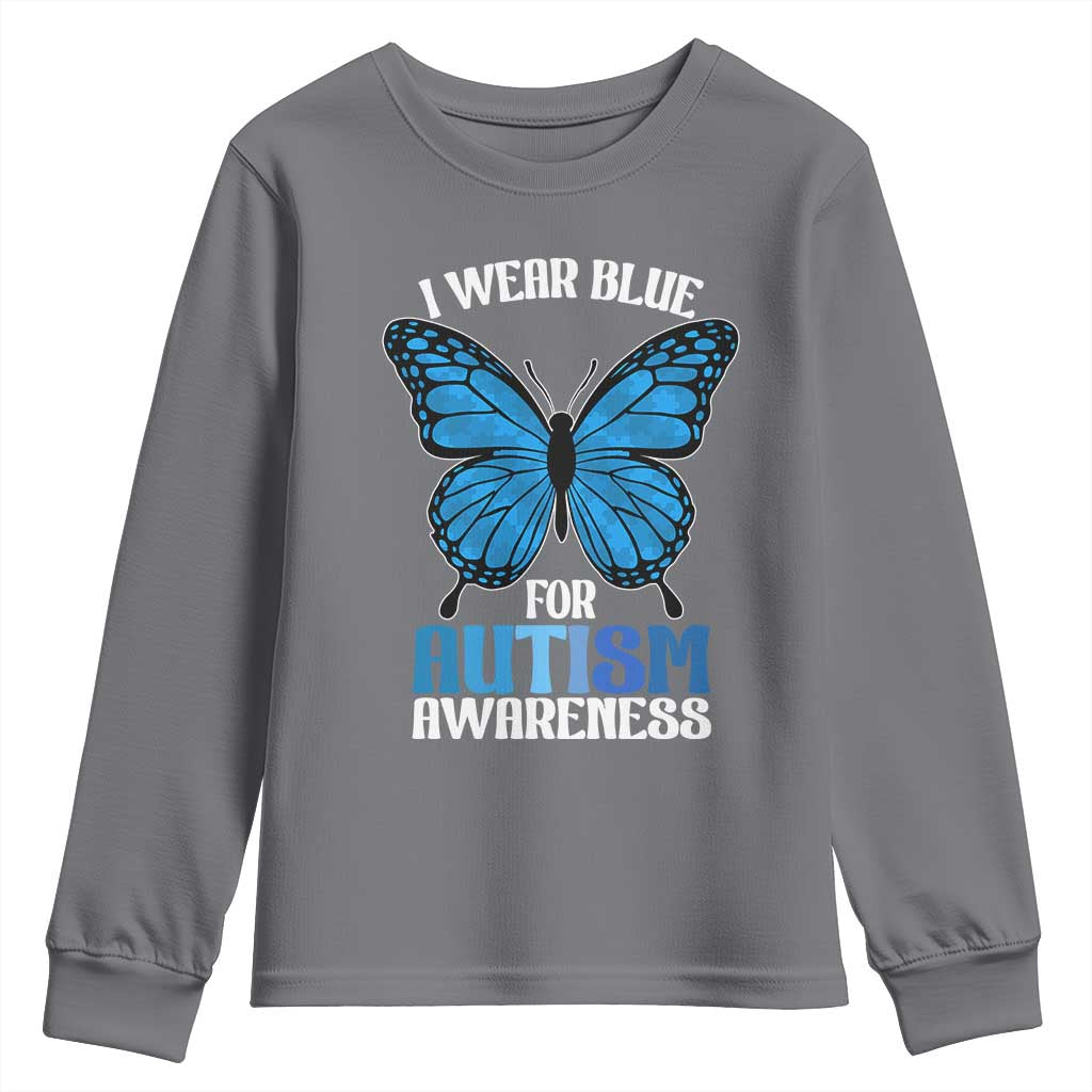 I Wear Blue For Autism Awareness Youth Sweatshirt Blue Butterfly Puzzle Pieces