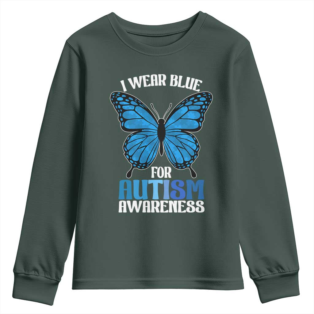 I Wear Blue For Autism Awareness Youth Sweatshirt Blue Butterfly Puzzle Pieces