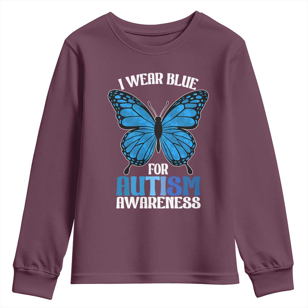 I Wear Blue For Autism Awareness Youth Sweatshirt Blue Butterfly Puzzle Pieces
