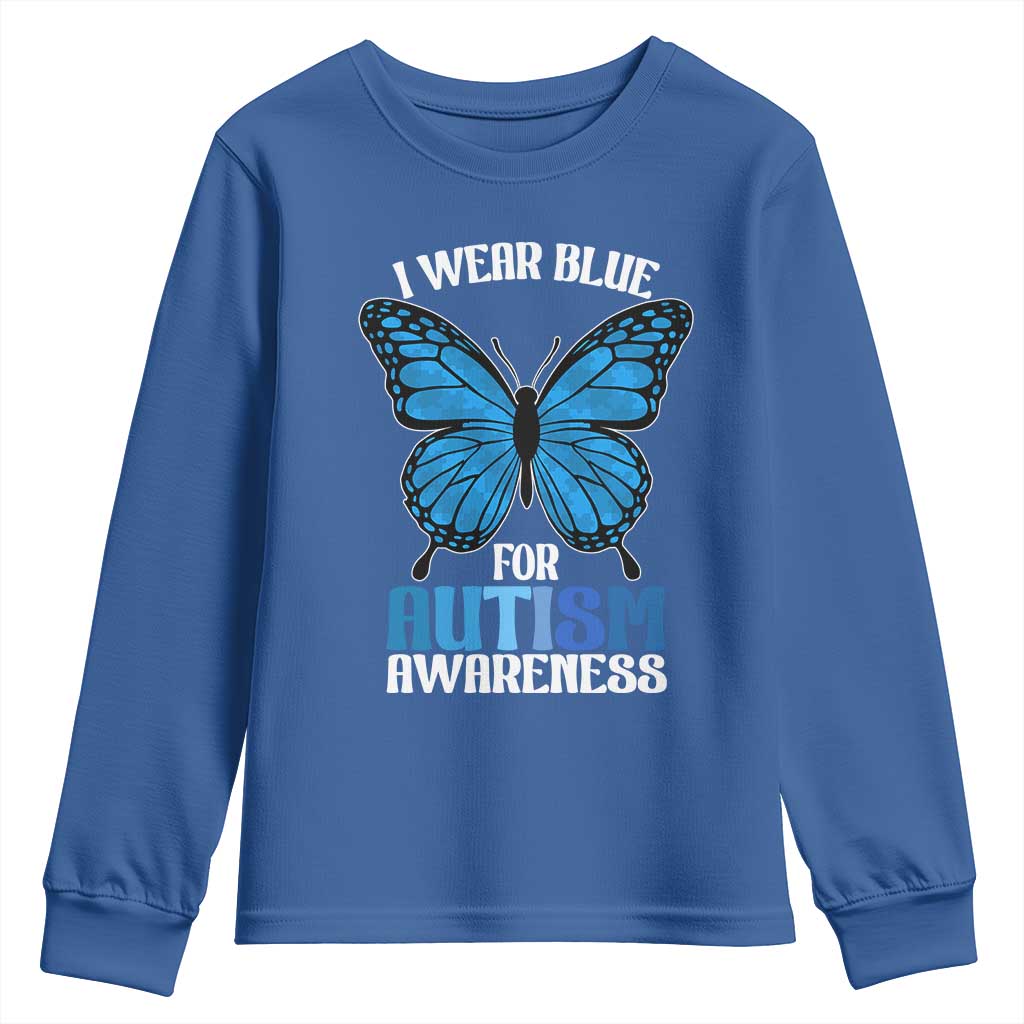 I Wear Blue For Autism Awareness Youth Sweatshirt Blue Butterfly Puzzle Pieces