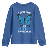 I Wear Blue For Autism Awareness Youth Sweatshirt Blue Butterfly Puzzle Pieces
