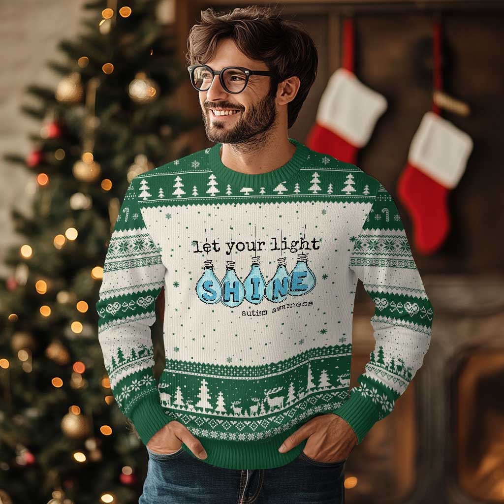 Let Your Light Shine Autism Awareness Ugly Christmas Sweater Light Bulb Autism Acceptance