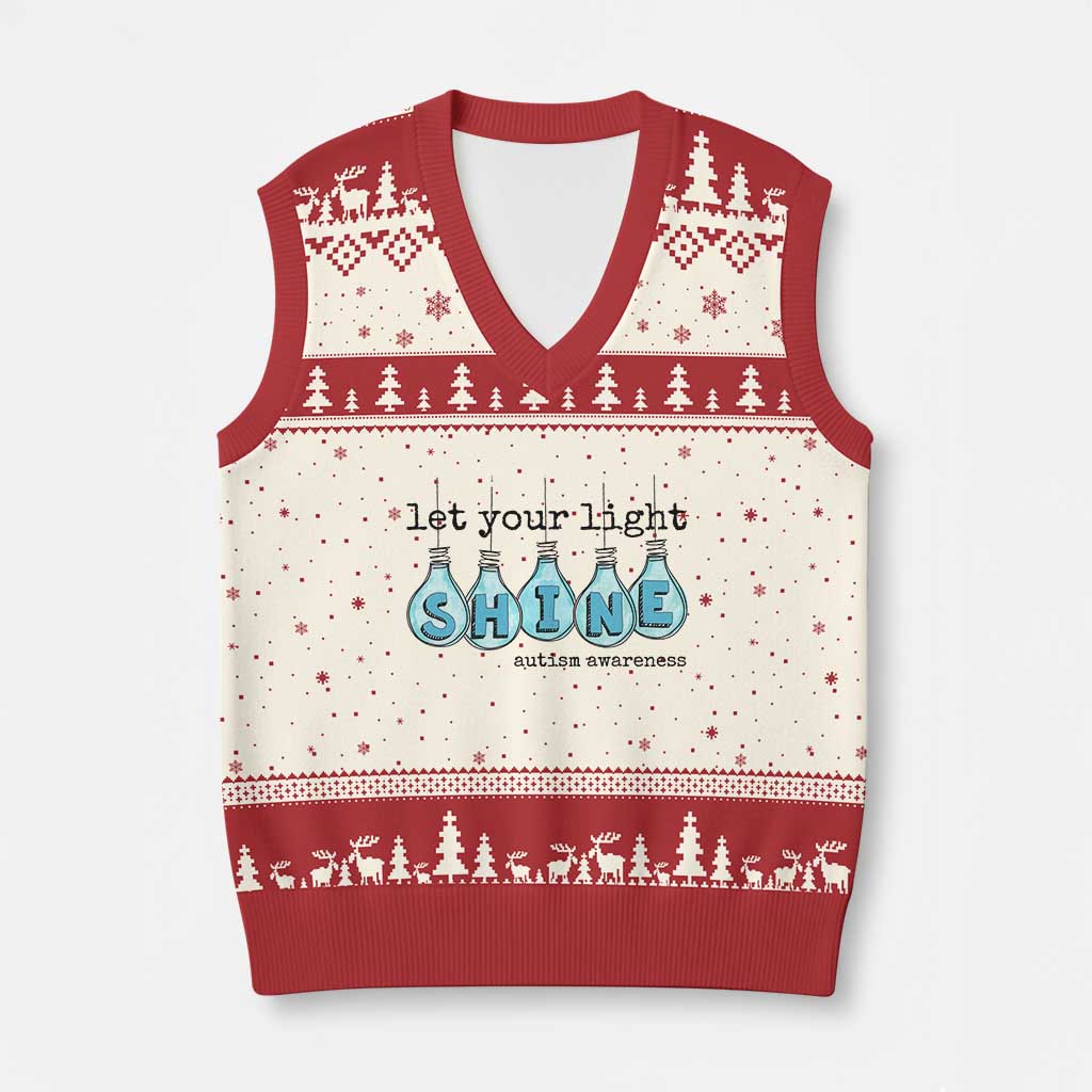 Let Your Light Shine Autism Awareness V-Neck Knit Sweater Vest Light Bulb Autism Acceptance