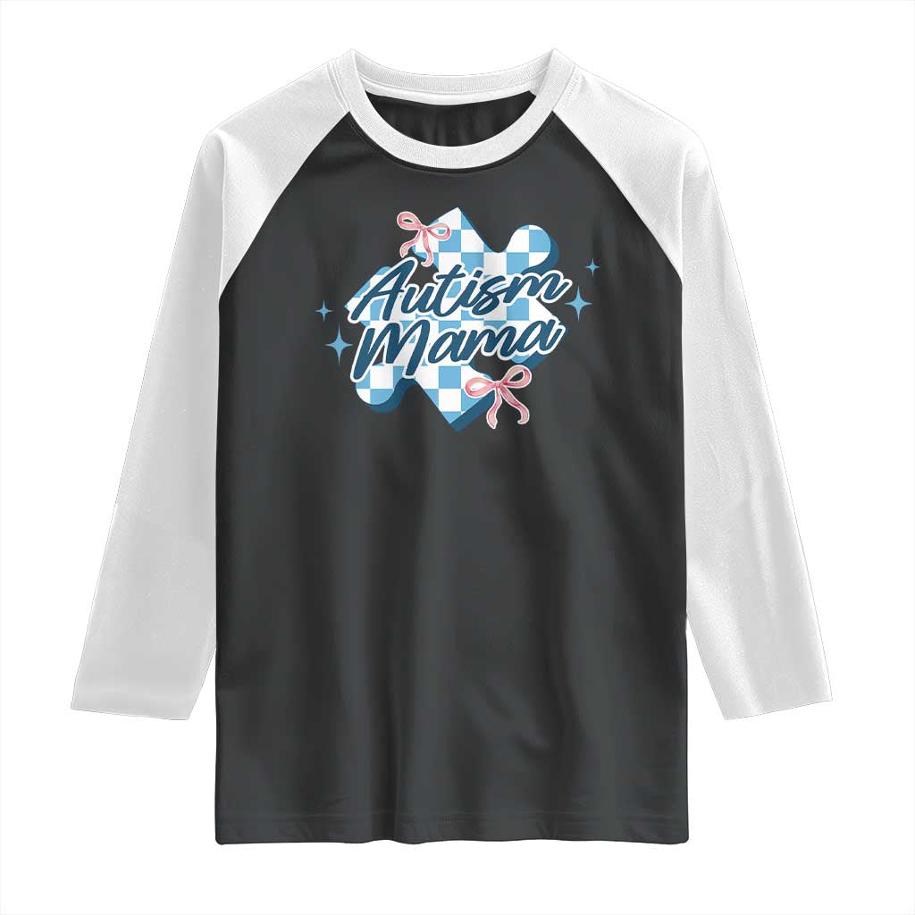 Autism Mama Coquette Puzzle Piece Pink Bow Raglan Shirt