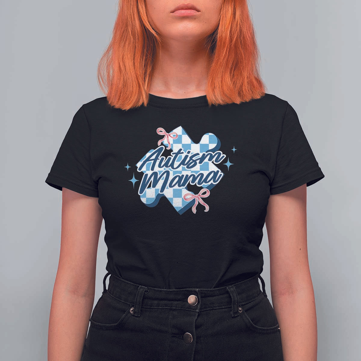 Autism Mama Coquette Puzzle Piece Pink Bow T Shirt For Women