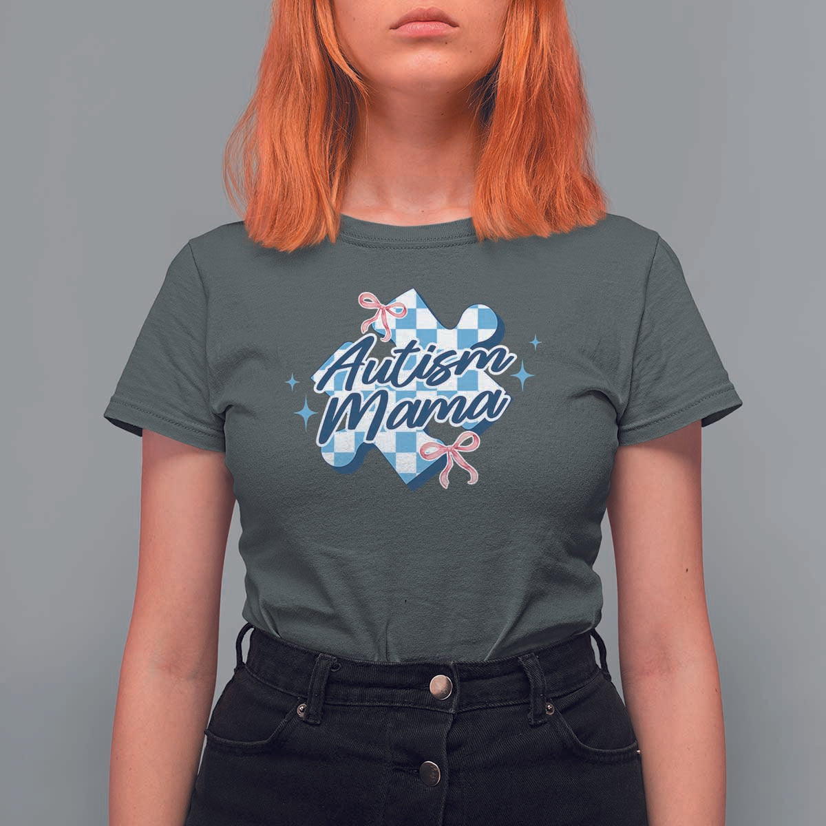 Autism Mama Coquette Puzzle Piece Pink Bow T Shirt For Women