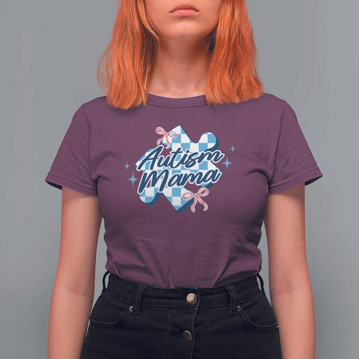 Autism Mama Coquette Puzzle Piece Pink Bow T Shirt For Women