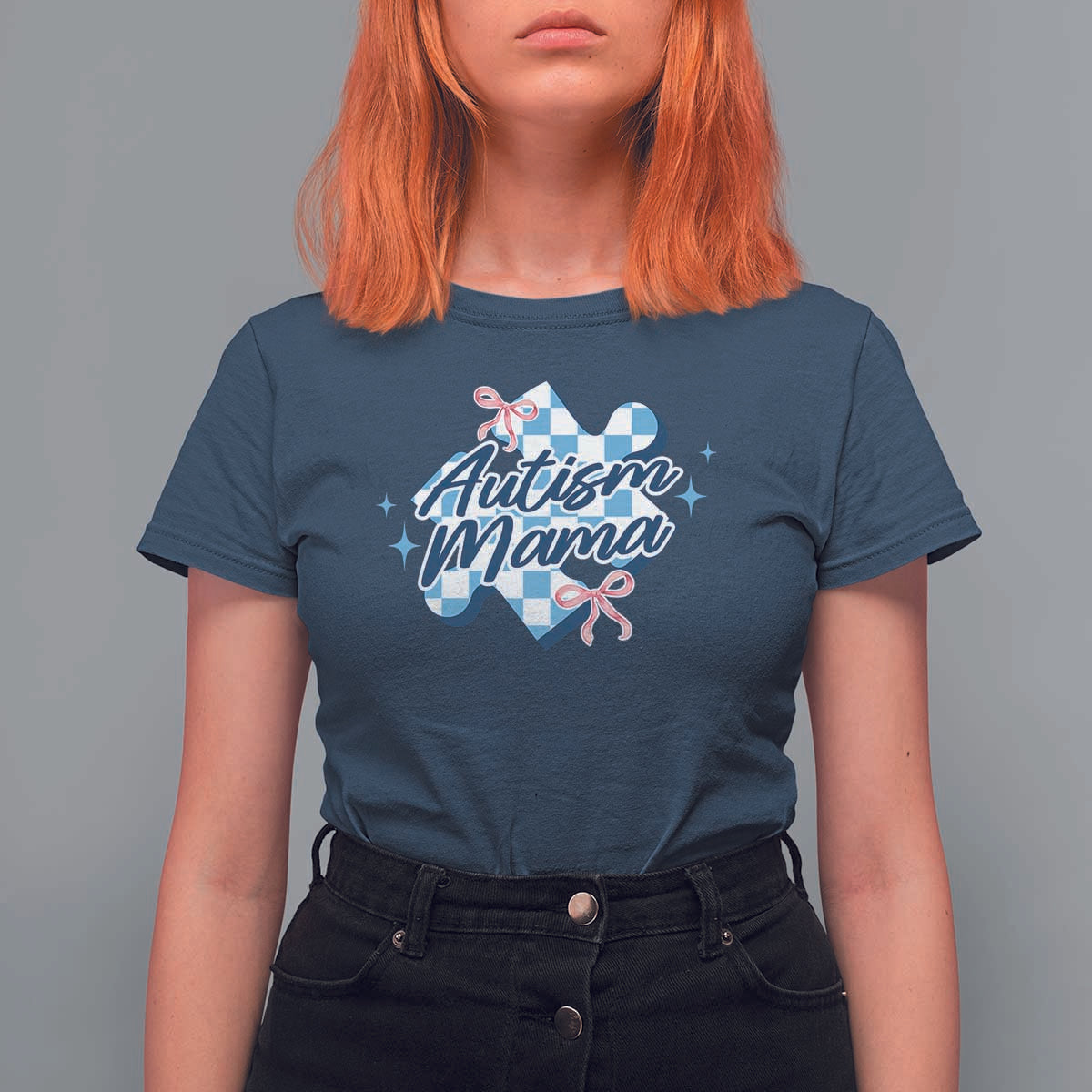 Autism Mama Coquette Puzzle Piece Pink Bow T Shirt For Women