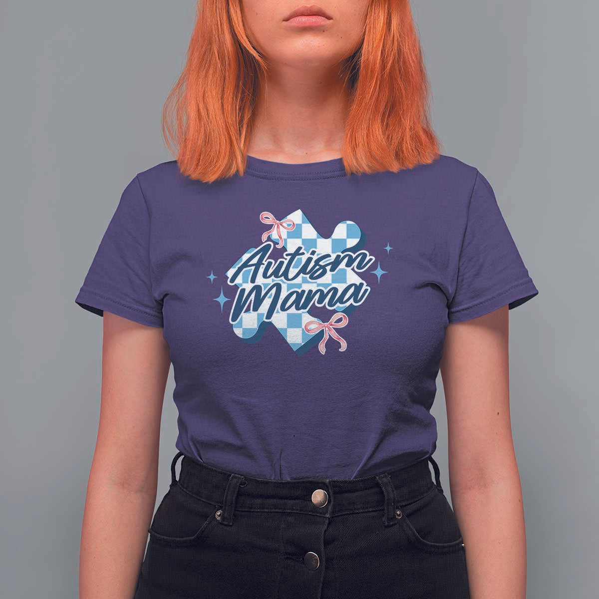 Autism Mama Coquette Puzzle Piece Pink Bow T Shirt For Women