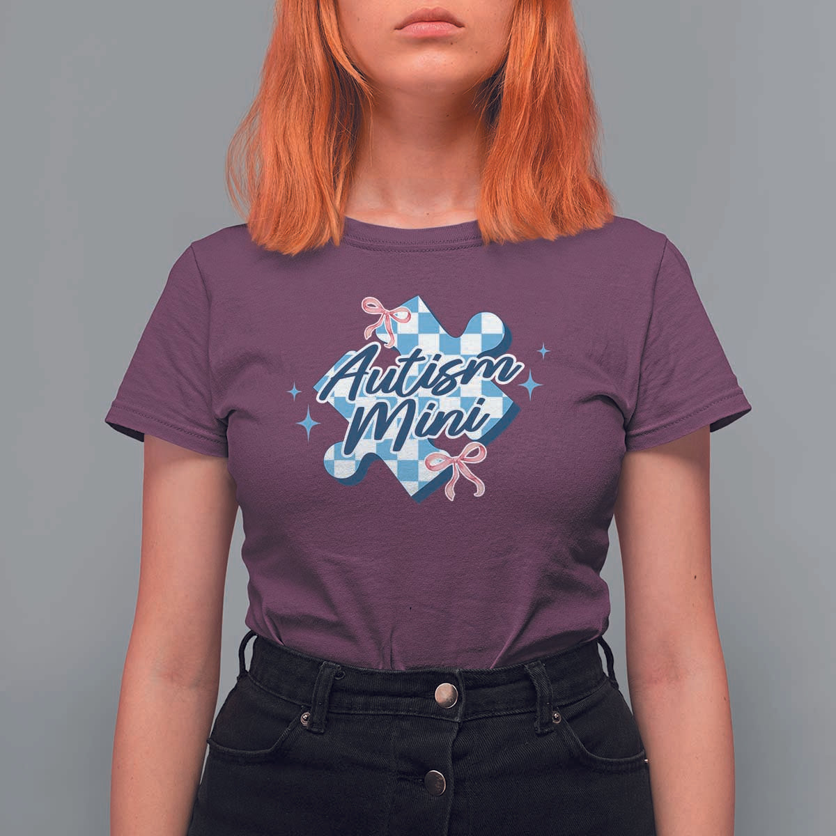 Autism Mini Coquette Puzzle Piece Pink Bow T Shirt For Women