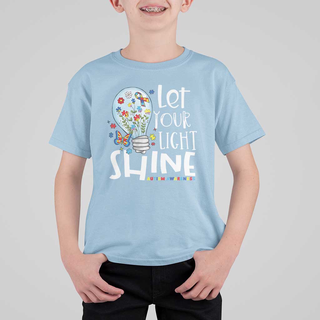 Autism Awareness T Shirt For Kid Let Your Light Shine Puzzle Ribbon Inspirational Quote