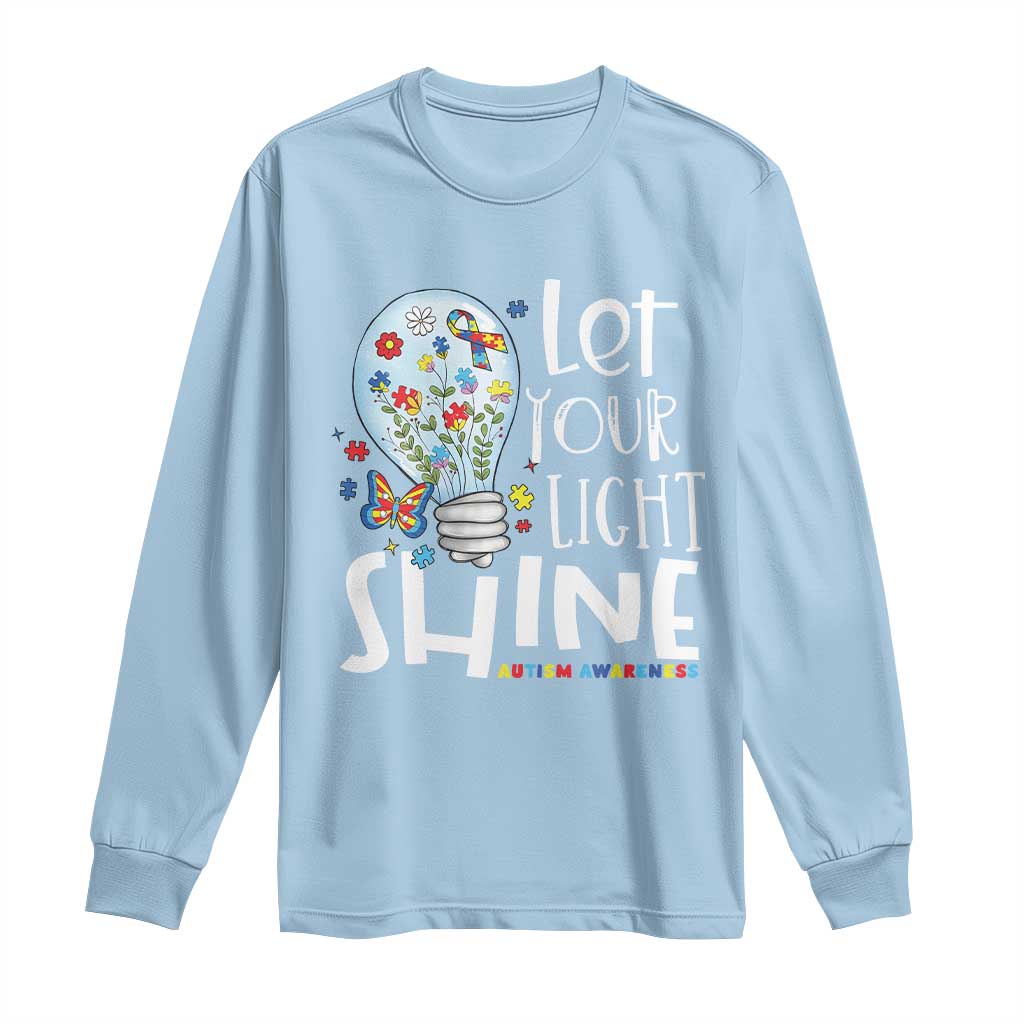 Autism Awareness Long Sleeve Shirt Let Your Light Shine Puzzle Ribbon Inspirational Quote